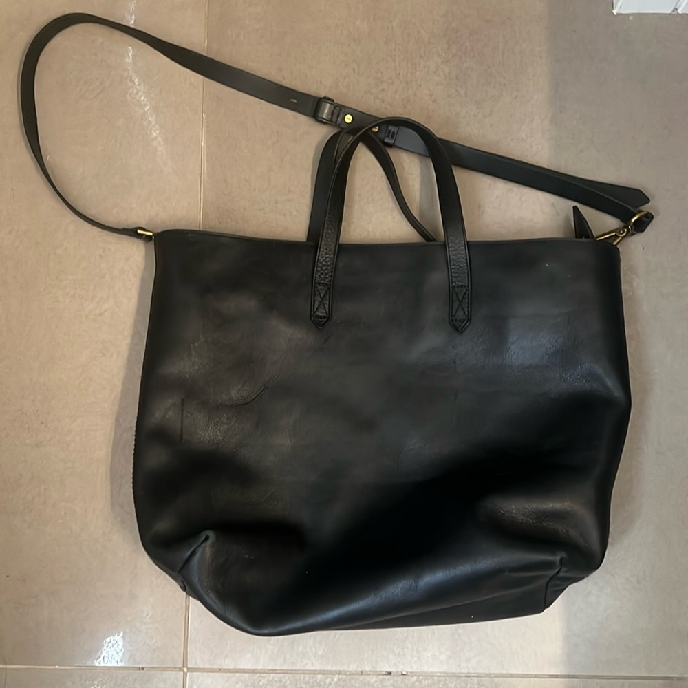Madewell real leather tote in black with gold hardware.